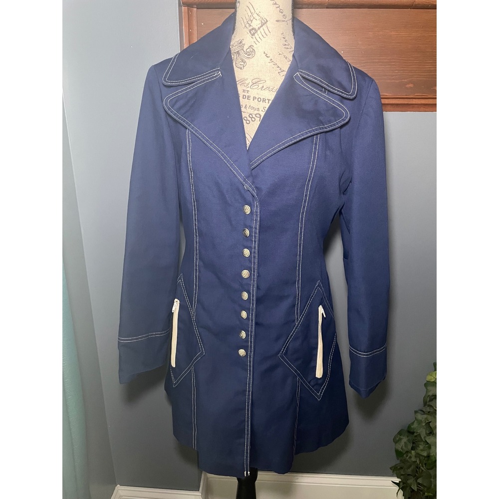 Vintage Debbie Leigh Navy Blue Trench Coat 70s Belted Jacket 9/10